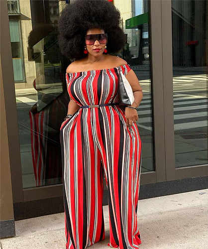 Striped Short Sleeve Off Shoulder Wide Leg Jumpsuits PINH-1223