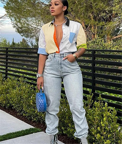 Color Block Short Sleeve Button Down Chic Shirts Tops GLS-10097
