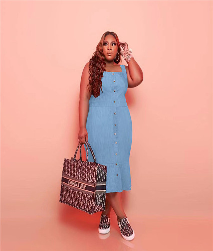 Plus Size Sleeveless Back Bow Single-breasted Dress MOF-6633