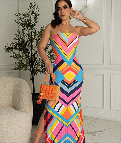 Geometric Striped High Side Split Strapless Maxi Dress ZAND-31203