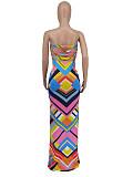 Geometric Striped High Side Split Strapless Maxi Dress ZAND-31203
