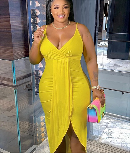 Deep V Neck Sleeveless Slim Waist Irregular Dresses FNN-8668