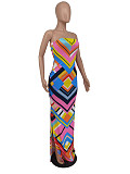 Geometric Striped High Side Split Strapless Maxi Dress ZAND-31203
