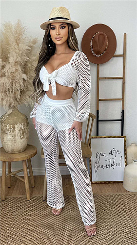 Knitted Mesh Long Sleeve Crop Top Full Pants Outfits LX-6926