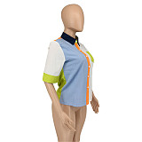 Color Block Short Sleeve Button Down Chic Shirts Tops GLS-10097