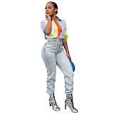 Color Block Short Sleeve Button Down Chic Shirts Tops GLS-10097