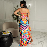 Geometric Striped High Side Split Strapless Maxi Dress ZAND-31203