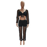 Knitted Mesh Long Sleeve Crop Top Full Pants Outfits LX-6926