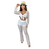 Knitted Mesh Long Sleeve Crop Top Full Pants Outfits LX-6926