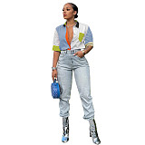 Color Block Short Sleeve Button Down Chic Shirts Tops GLS-10097