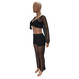 Knitted Mesh Long Sleeve Crop Top Full Pants Outfits LX-6926