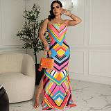Geometric Striped High Side Split Strapless Maxi Dress ZAND-31203