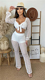 Knitted Mesh Long Sleeve Crop Top Full Pants Outfits LX-6926