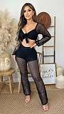 Knitted Mesh Long Sleeve Crop Top Full Pants Outfits LX-6926