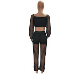 Knitted Mesh Long Sleeve Crop Top Full Pants Outfits LX-6926
