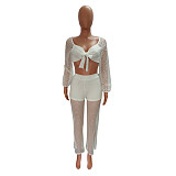 Knitted Mesh Long Sleeve Crop Top Full Pants Outfits LX-6926