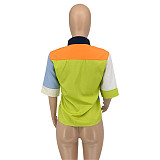 Color Block Short Sleeve Button Down Chic Shirts Tops GLS-10097