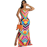 Geometric Striped High Side Split Strapless Maxi Dress ZAND-31203