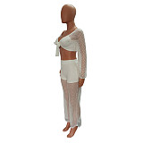 Knitted Mesh Long Sleeve Crop Top Full Pants Outfits LX-6926