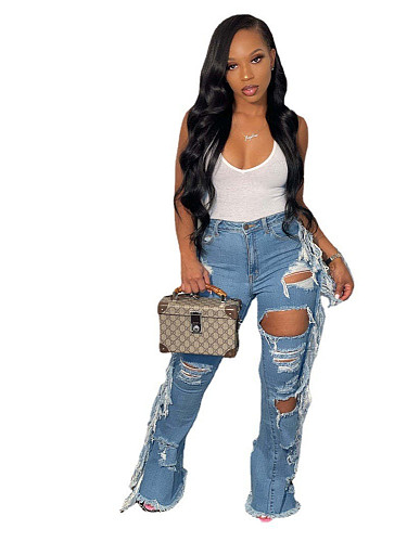 Ripped Hole Tassels Denim Bell Bottom Trousers LA-3306