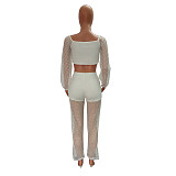 Knitted Mesh Long Sleeve Crop Top Full Pants Outfits LX-6926