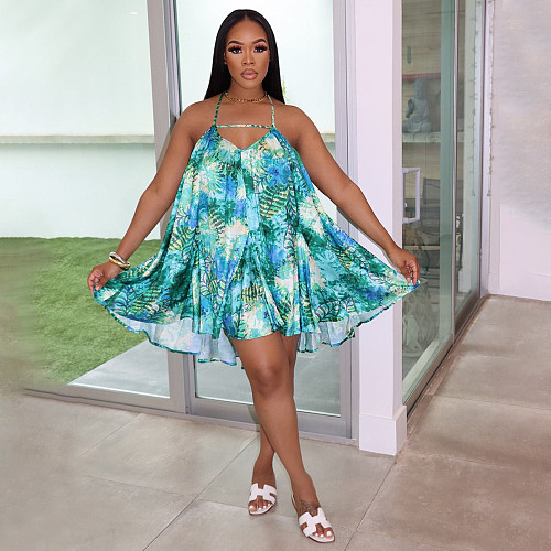 Halter Backless Printed Loose Pleated Beach Dress YF-10081