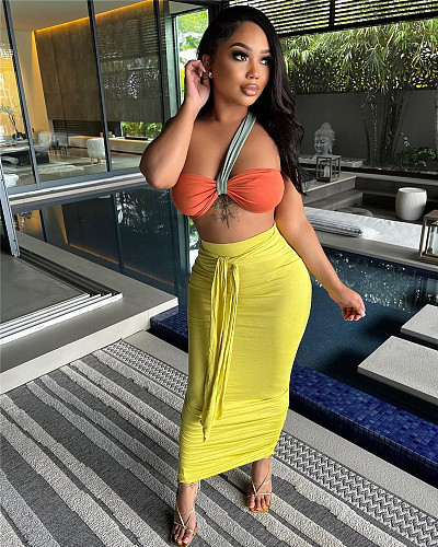One Shoulder Sleeveless Crop Top Lace Up Maxi Skirt Sets LM-8305