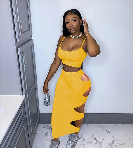 Camisole Crop Top Hollow Out Maxi Skirts Outfits NM-8353