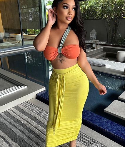 One Shoulder Sleeveless Crop Top Lace Up Maxi Skirt Sets LM-8305