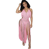 Crochet Fishnet Tassel Halter Backless Beach Bodysuits ZS-0224