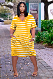 V-neck Stripe Short Sleeve Loose Dress with Pocket TK-6237