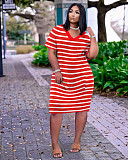 V-neck Stripe Short Sleeve Loose Dress with Pocket TK-6237