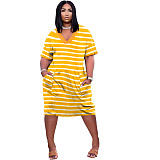 V-neck Stripe Short Sleeve Loose Dress with Pocket TK-6237