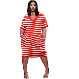 V-neck Stripe Short Sleeve Loose Dress with Pocket TK-6237