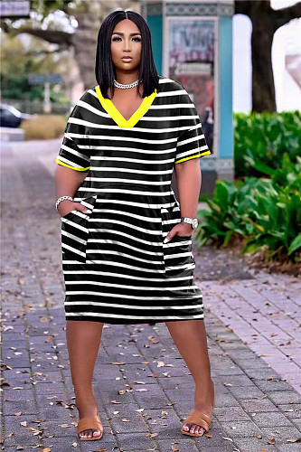 V-neck Stripe Short Sleeve Loose Dress with Pocket TK-6237