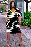 V-neck Stripe Short Sleeve Loose Dress with Pocket TK-6237