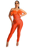 Feathers Corset Crop Top and Cut Out Pants Outfits MEM-88434