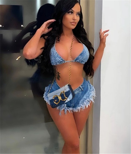 Denim Halter Lace Up Bra and Mini Shorts Bikini Suit OSM-4354