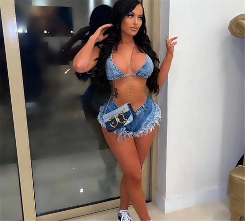 Denim Halter Lace Up Bra and Mini Shorts Bikini Suit OSM-4354