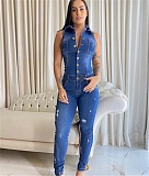 Casual Button Down Sleeveless Skinny Denim Jumpsuit LX-6923