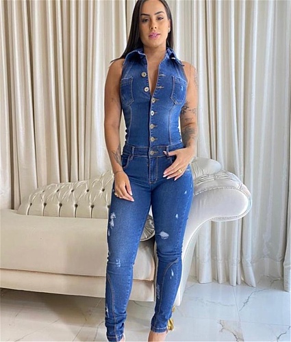 Casual Button Down Sleeveless Skinny Denim Jumpsuit LX-6923