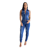 Casual Button Down Sleeveless Skinny Denim Jumpsuit LX-6923