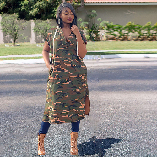 Short Sleeve Hooded Back Hole Loose Split Dresses SD-20404