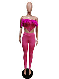 Feathers Corset Crop Top and Cut Out Pants Outfits MEM-88434