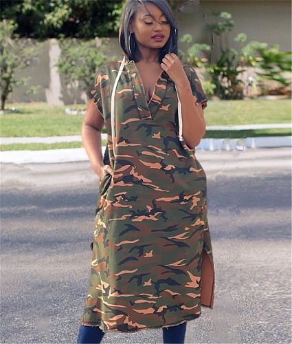 Short Sleeve Hooded Back Hole Loose Split Dresses SD-20404