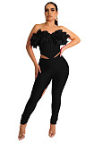 Feathers Corset Crop Top and Cut Out Pants Outfits MEM-88434