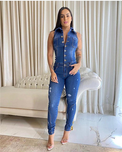 Casual Button Down Sleeveless Skinny Denim Jumpsuit LX-6923