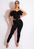 Feathers Corset Crop Top and Cut Out Pants Outfits MEM-88434