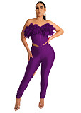Feathers Corset Crop Top and Cut Out Pants Outfits MEM-88434