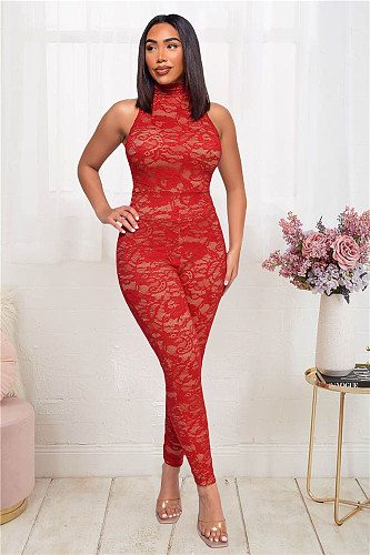 Solid See Through Lace Sleeveless Bodycon Jumpsuit LX-6928
